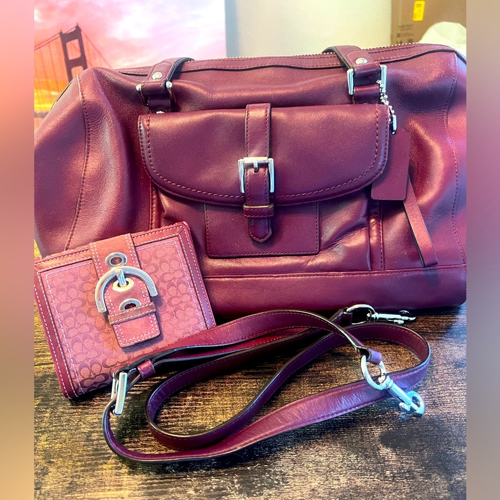 Coach charlie in rare burgundy color with strap and matching wallet